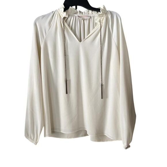 Cream Ruffle Tie Blouse - Flowy Long Sleeve, Lightweight, Elegant Boho Style - Picture 1 of 7